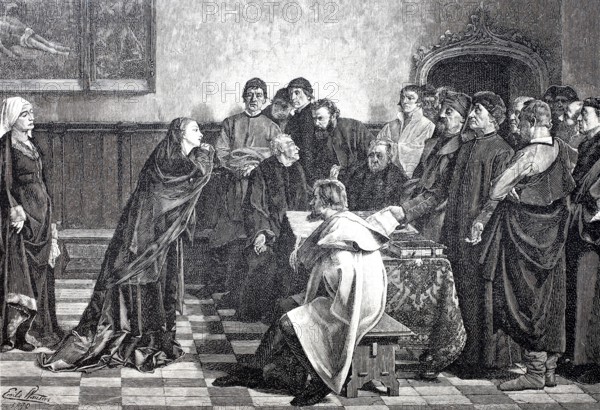 Mary of Burgundy begs the judges of Ghent for mercy for the councillors Hugonet and d'Himbercourt, 1477. Mary of Burgundy, Marie de Bourgogne (13 February 1457 - 27 March 1482) was the only child and sole heiress of Duke Charles the Bold, Historical, digitally enhanced reproduction of a 19th century original