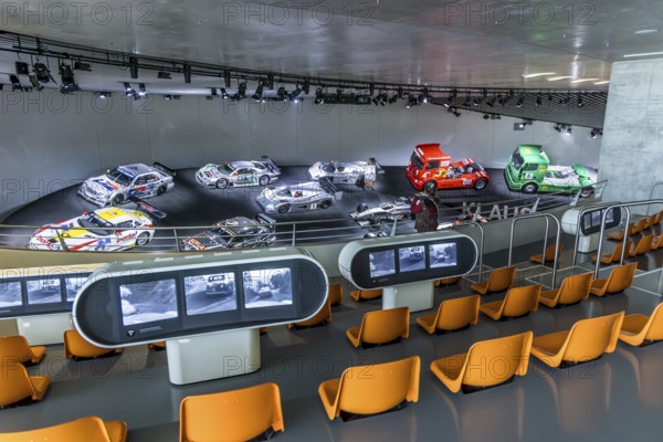 The Mercedes-Benz Museum in Stuttgart presents a journey through the automotive history of the global corporation. The history of the Mercedes star begins with the first automobile in 1886. 160 vehicles are on display, including racing cars. Stuttgart, Baden-Württemberg, Germany