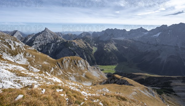 Picturesque mountain landscape in autumn, view of rocky mountain ridge, mountain peaks Lamsenspitze and Sonnjoch, Rißtal in the Eng, Karwendel, Tyrol, Austria