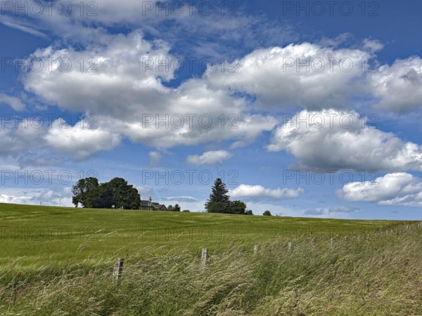 Wide green meadow under a sky with imposing clouds and a rural building in the distance, Aberdeenshire, Keith, Scotland, United Kingdom