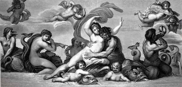 Galatea, in mythology a nereid, a sea nymph who plays a role in the legends of Pygmalion and Acis and Polyphemus, steel engraving after a painting by Caracoi, historical, digitally restored reproduction of a 19th century original