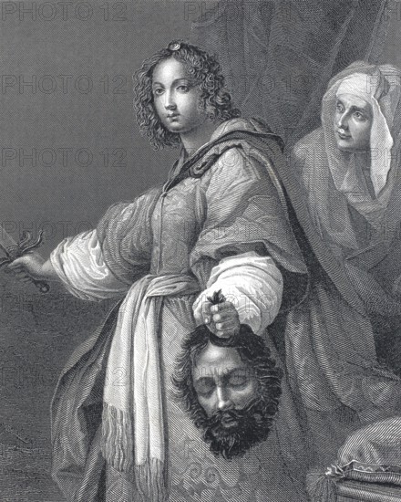 Judith with the head of the Assyrian general Holofernes, whom she beheaded with his own sword, steel engraving after a painting by Alessandro Allori, historical, digitally restored reproduction of a 19th century original