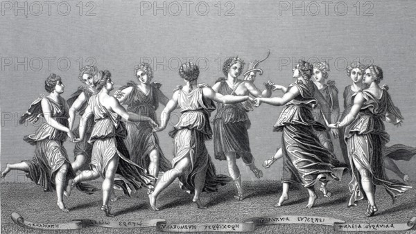 Apollo and the nine muses, steel engraving after a painting by Antoniazzo Romano, actually Antonio di Benedetto Aquilio degli Aquili, historical, digitally restored reproduction of a 19th century original