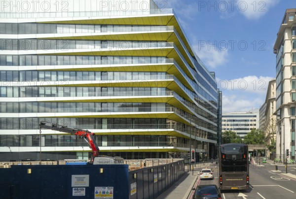 View from double decker bus window of Riverbank House, Upper Thames Street, London, England, UK
