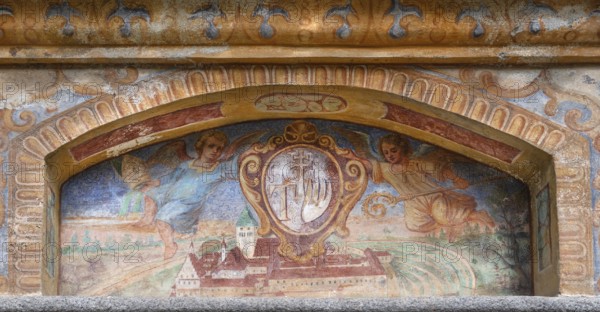 Fresco of the eighth wonder of the world is the Neustift monastery itself at the miracle fountain, 1508, in the inner courtyard of the Neustift St Margarethen monastery, Vahrn, district of Bozen, South Tyrol, Italy