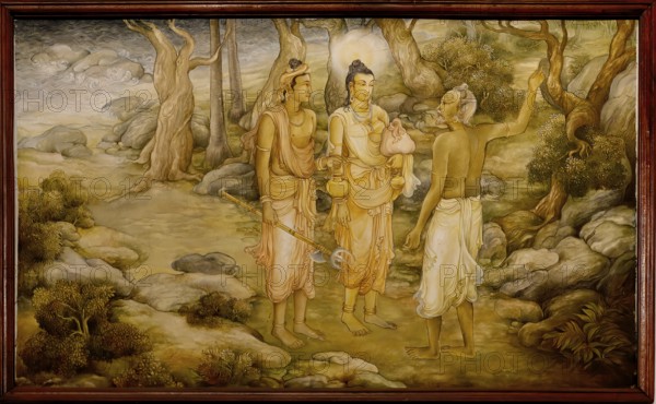 Temple of the sacred Tooth Relic or Sri Dalada Maligawa, Painted panel depicting the history of the Sacred Tooth Relic, New Shrine room or Alut Maligawa ceiling, Kandy, Sri Lanka