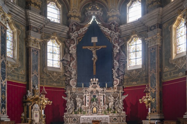 High altar with Lenten cloth in Bressanone Cathedral, Cathedral Square, Bressanone, South Tyrol, Italy