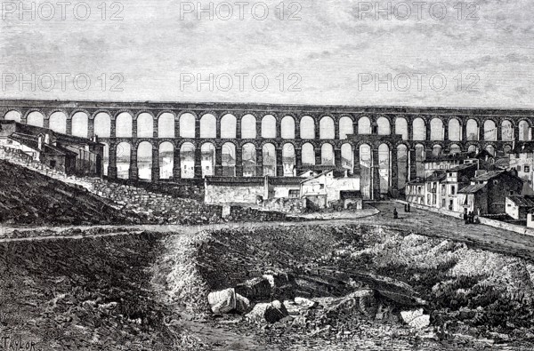The ancient Roman water conduit, aqueduct, in Segovia, around 1890, Spain, Historical, digitally enhanced reproduction of a 19th century model