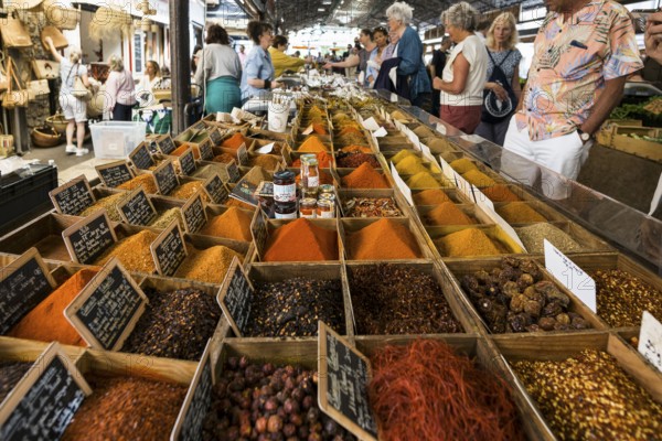 Market stall with spices, market hall, Marche Provencal, Antibes, Provence Alpes Côte d'Azur, South of France, France