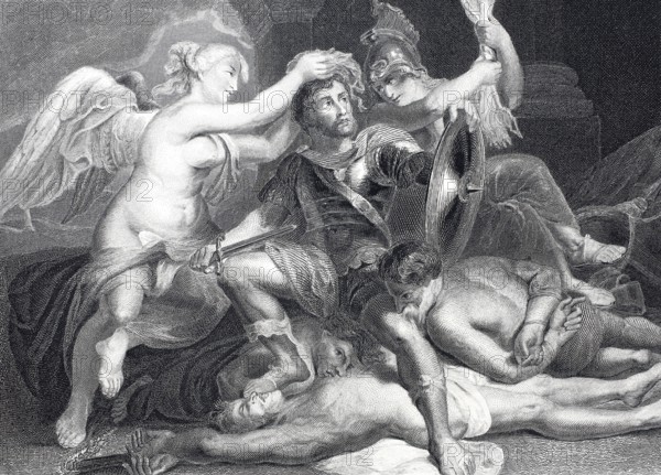 The coronation of the victor, apotheosis, the elevation of a man to a god or demigod, steel engraving after a painting by Rubens, historical, digitally restored reproduction of a 19th century model