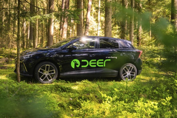 Side view of a black car in the forest, with green brand logo and natural light, MG 4, Deer E- Car Sharing, district of Calw, Germany