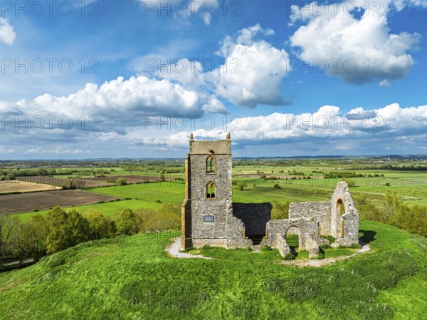 Burrow Mump from a drone, Southlake Moor, Burrowbridge, Taunton, Somerset, England, United Kingdom