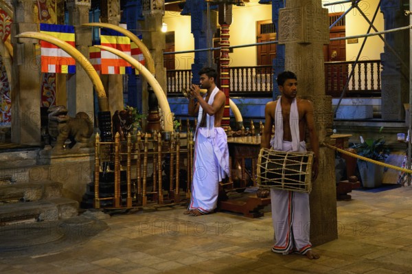 Temple of the sacred Tooth Relic or Sri Dalada Maligawa, Drummer and musician in front of the Holy Shrine, Kandy, Sri Lanka