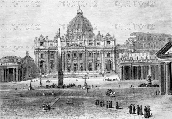 Basilica of St Peter, Basilica di San Pietro, St Peter's Basilica, St Peter's Basilica, Vatican Basilica, the Memorial Church of the Apostle Simon Peter, Vatican, Rome, Italy, Historical, Reproduction from an original with a scene from the 19th century