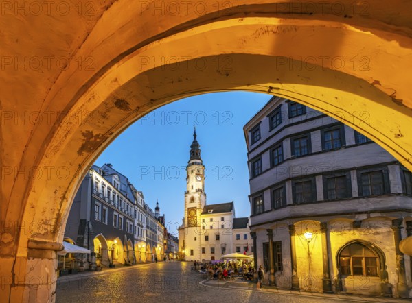 Night-time view of Untermarkt - Lower Market Square and the Old Town Hall Clock Tower, Görlitz, Goerlitz, Germany