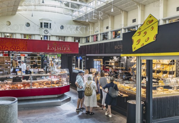 Stuttgart market hall in Art Nouveau architectural style. Food market in the upper price segment. Stuttgart, Baden-Württemberg, Germany
