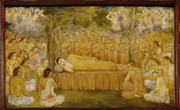 Temple of the sacred Tooth Relic or Sri Dalada Maligawa, Painted panel depicting the history of the Sacred Tooth Relic, New Shrine room or Alut Maligawa ceiling, Kandy, Sri Lanka