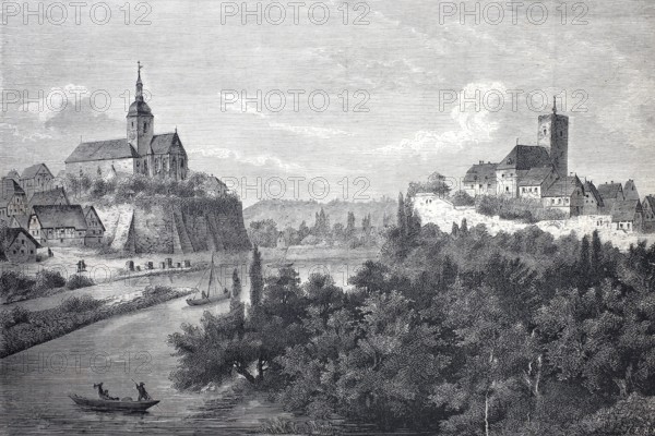 View of Lauffen am Neckar, 1869, Castle and Regiswindiskirche, District of Heilbronn, Baden-Württemberg, Germany, Historical, digitally enhanced reproduction of a 19th century original