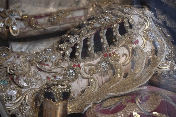 Catracomb Saint Clemens, laid in a glass coffin, Baroque parish church of St Nicholas, 1725, Tannheim, Austria