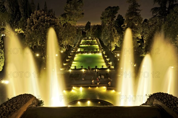 Neptune Fountain, Fontana di Nettuno, fish ponds, Renaissance garden of Villa d'Este, water features, fountains, atmospheric illumination at night, UNESCO World Heritage Site, Tivoli, metropolitan city of Rome, Lazio, Italy