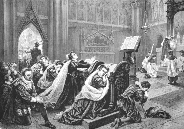 Mary Stuart at her first mass after her return to Scotland, Mary Stuart (8 December 1542 to 18 February 1587), Mary Stuart, born Mary Stewart, was Queen of Scotland from 14 December 1542 to 24 July 1567 as Mary I, Historical, Reproduction from a 19th century model with a scene from the 19th century