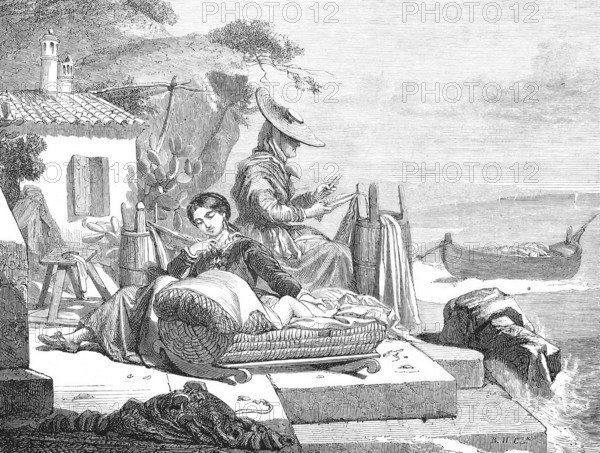 A fishing family from Nice mending nets, France, Historical, Reproduction from a model with a scene from the 19th century