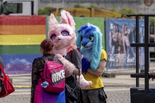 Participants with plush bunny masks, so-called furries, at Christopher Street Day in Leipzig on 28 June 2025
