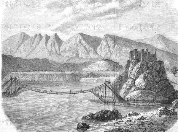 Rope bridge over the Jhelam near Sirinagur, Srinagar, Kashmir, India, Historical, Reproduction from a 19th century scene