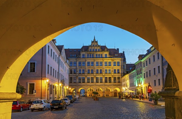 Night-time view of the Lower Market Square and the New Town Hall of Görlitz, Goerlitz, Germany
