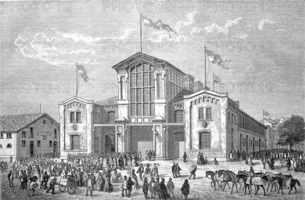 The exhibition hall of the agricultural association in Frankfurt, historical, reproduction from a model with a scene from the 19th century