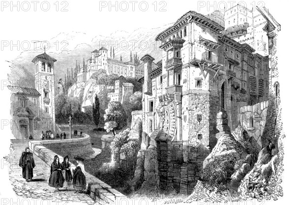 Ruin of the Moorish bridge at the Darro, municipality in the province of Granada in Spain, Historical, Reproduction from a model with a scene from the 19th century