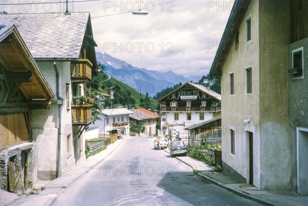 Historic village buildings and street Sellrain, district of Innsbruck-Land, Tyrol, Austria, Europe 1970