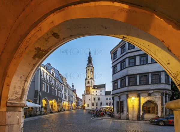 View of Untermarkt - Lower Market Square and the Old Town Hall Clock Tower, Görlitz, Goerlitz, Germany