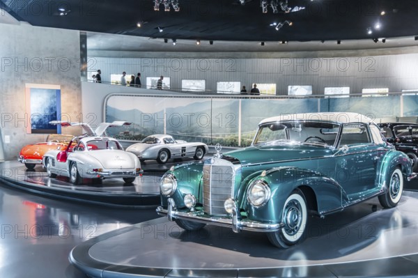 Mercedes-Benz 300 S Cabriolet A from 1954. The Mercedes-Benz Museum in Stuttgart presents a journey through the automotive history of the global corporation. The history of the Mercedes star begins with the first automobile in 1886. 160 vehicles are on display. Stuttgart, Baden-Württemberg, Germany