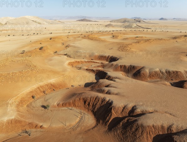 Canyons, arid plains grown with camelthorn trees (Vachellia erioloba) and isolated mountain ridges in the Tsondab Valley in the Namib Desert. Aerial view. Drone shot. Namibia