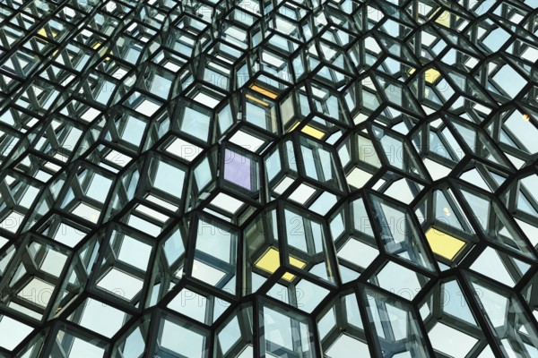 Honeycomb windows, glass façade, Harpa concert hall, architect Henning Larsen, façade by artist Ólafur Elíasson, Reykjavík, Iceland