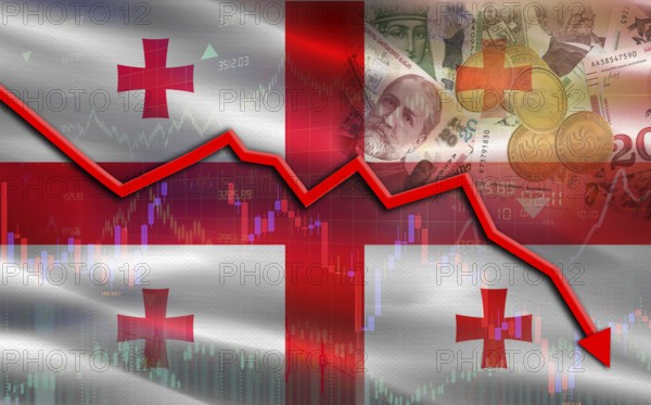 Georgia financial fall on economy market. Georgia financial crisis on economic graph
