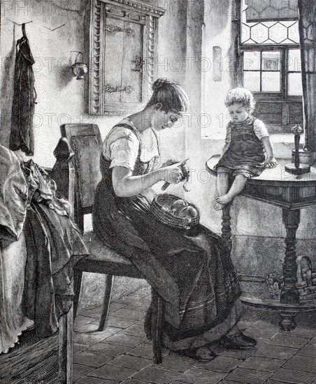 Preparing lunch, woman peeling potato, child sitting on the table and watching, c. 1888, Historical, digitally enhanced reproduction of a 19th century original
