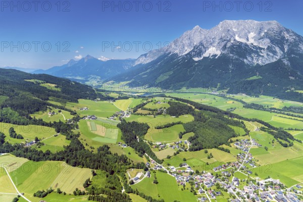Styrian Enns Valley, Grimmimg, Dachstein, Alpine pasture, agriculture, mountain, Irdining-Liezen, Styria, valley, river valley, Enns, aerial view, Austria