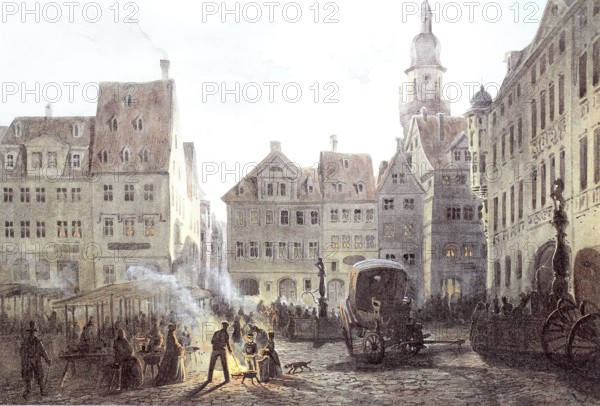 The market square in the evening, 1845, Coburg, Upper Franconia, Germany, Historical, digitally enhanced reproduction of a 19th century original