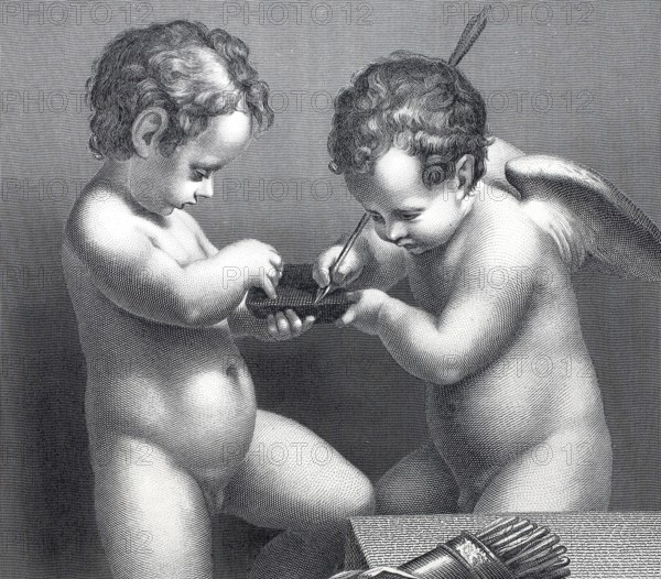 Cupids, figure of a naked, winged boy, as companion of the Roman god of love, putti, steel engraving after a painting by Coreggio, Historical, digitally restored reproduction of a 19th century model