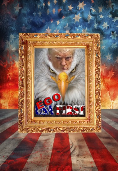 Symbolic image, Trump as owner of the USA, no more United States, democracy versus autocracy, Donald Trump sees himself as a ruler above the law, US democracy in danger, political blackmail, EU and Germany under political pressure, industry, tariff threats, Elon Musk, Mark Zuckerberg, social networks, fake news, rights broken, hate, agitation, DSG Digital Services Act, re-election, USA, politics, announcements, vendetta, wanted dictator, Republicans, US electoral system, global danger, lies, 2nd term, global strain, Ukrainian war, storm White House, storm White House term, global burden, Ukrainian war, White House storm