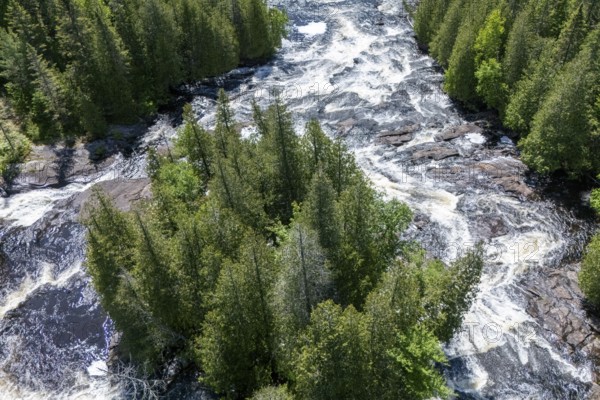Rapids, White waters flowing through the boreal forest, River du Loup, Mastigouche wildlife reserve, Region of La Mauricie, Province of Quebec, Canada