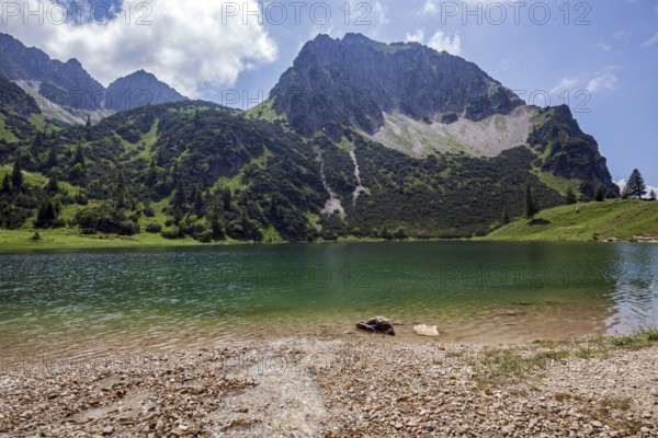 Lower Gaißalpsee, behind Rubihorn, near Oberstdorf, Oberallgäu, Allgäu Alps, Allgäu, Bavaria, Germany