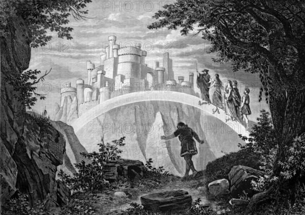 The final scene from Rheingold, the gods walk on the rainbow bridge to Valhalla, historical, reproduction from a 19th century scene