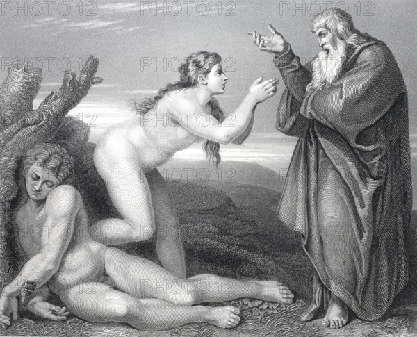 The Creation of Eve by God, steel engraving after a painting by Michelangelo, Sistine Chapel, Vatican, Rome, Italy, Historical, digitally restored reproduction of a 19th century original