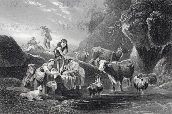 The watering place, woman washing clothes at the spring and the animals drinking the water, steel engraving after a painting by Nicolaes Pietersz. Berchem, Historical, digitally restored reproduction of a 19th century original, Rural scene with farmers and cattle in the 19th century, atmospheric and pastoral, black and white engraving with nature details