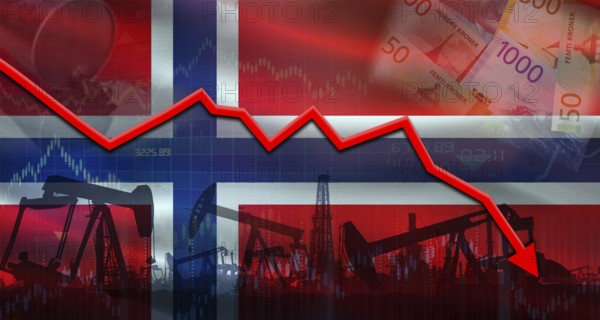 Fall oil price with flag of Norway on economic chart. Petrol crisis with Norway flag on financial graph