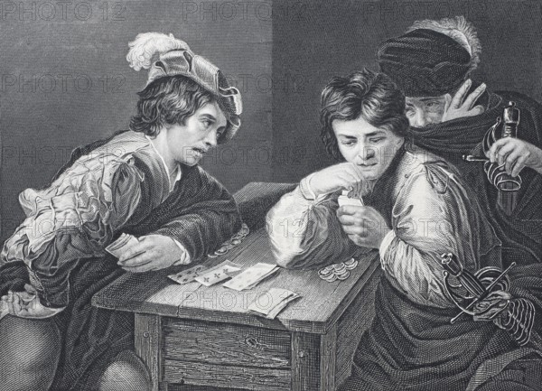 The players, two men playing cards for money, a third looks on, steel engraving after a painting by Caravaggio, Historical, digitally restored reproduction of a 19th century original