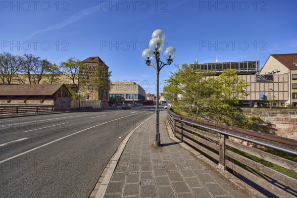 Traffic area, general architecture, lantern, trees, wooden fence, pavement, pavement slabs, city fortification, city wall, defence defence tower, blue sky, cloudless, Frauentor wall, Grasersgasse, Nuremberg, Middle Franconia, independent city, Bavaria, Germany